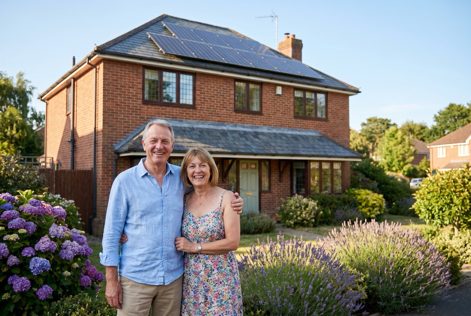 A happy UK homeowner couple in front of their home with rooftop solar panels