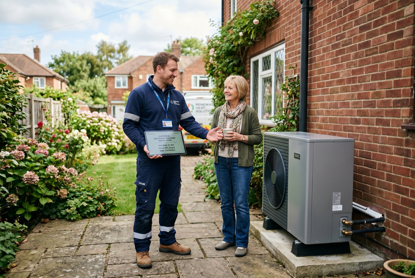 A heating engineer discussing an air source heat pump quote with a homeowner