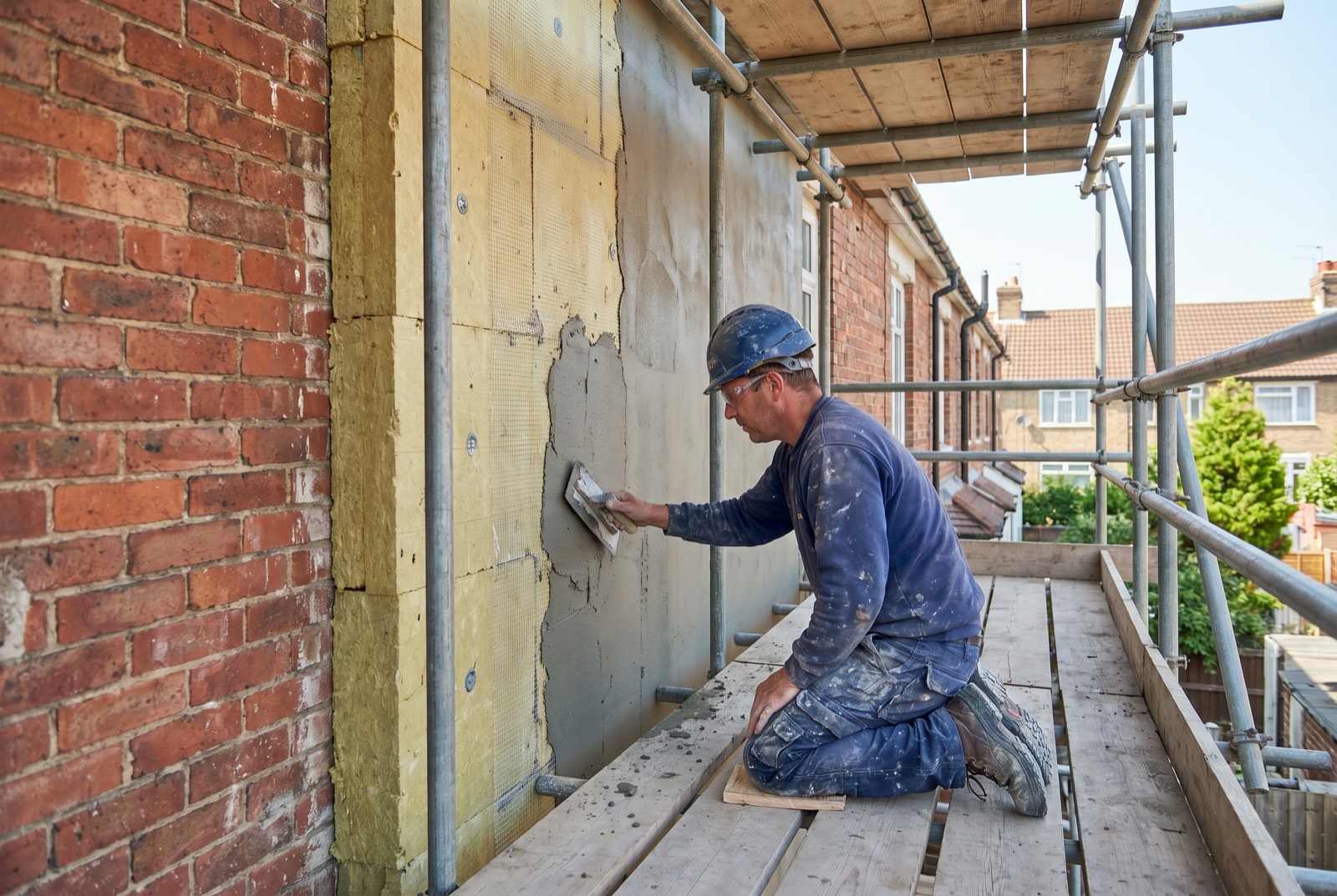 External solid-wall insulation being applied to the exterior of a UK house