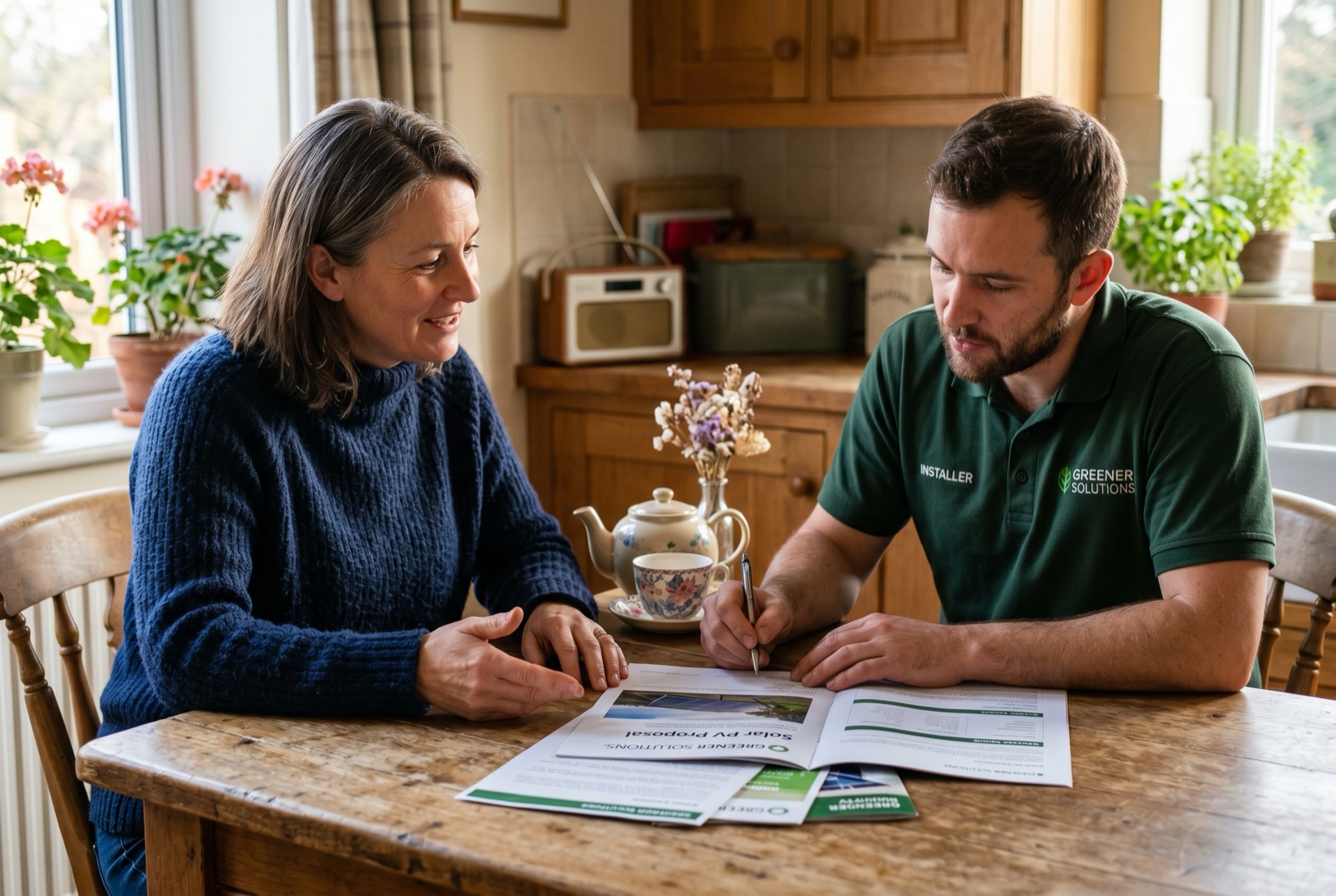 A homeowner and installer reviewing a quote together at a kitchen table