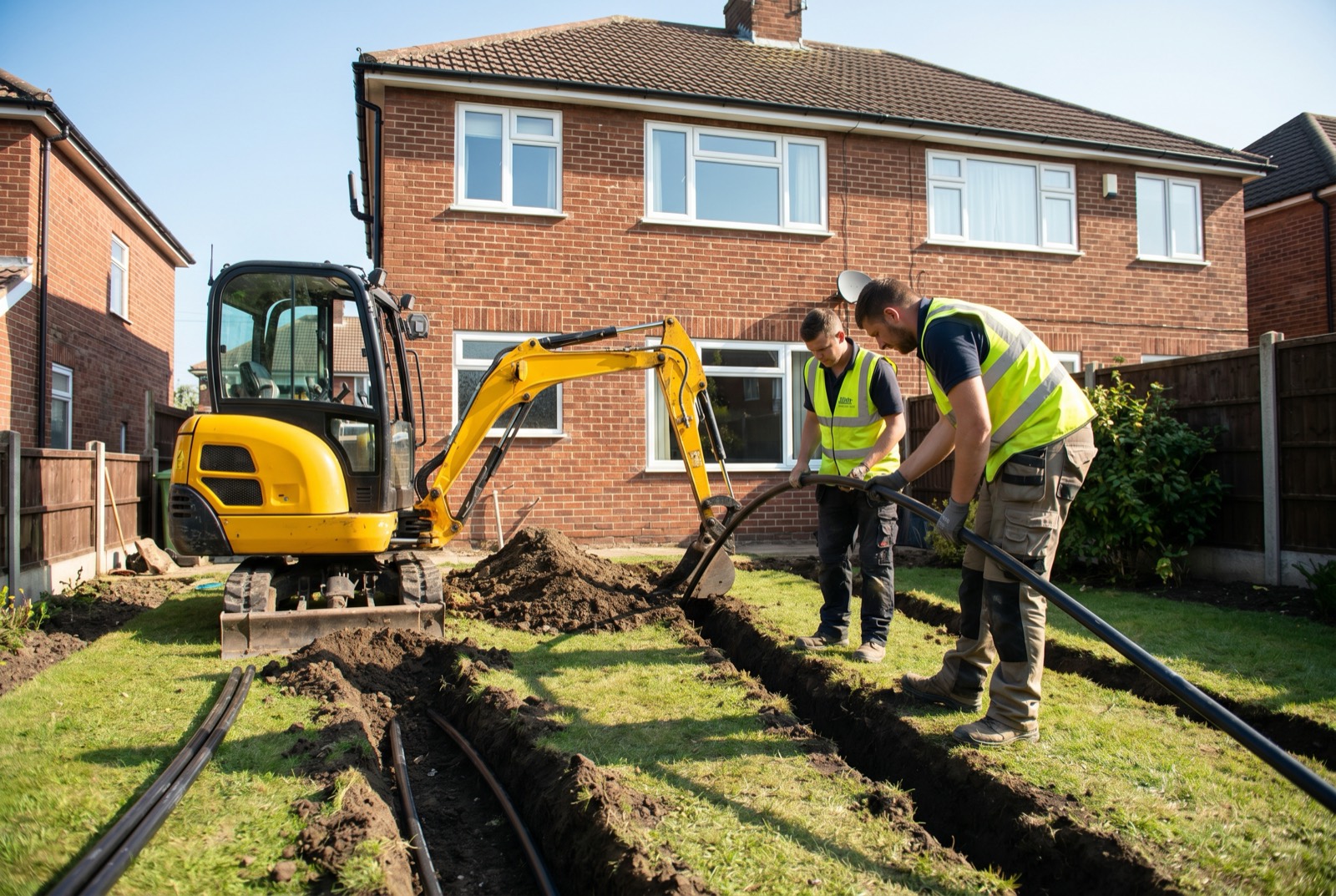 Ground-loop pipes being laid in garden trenches for a ground source heat pump