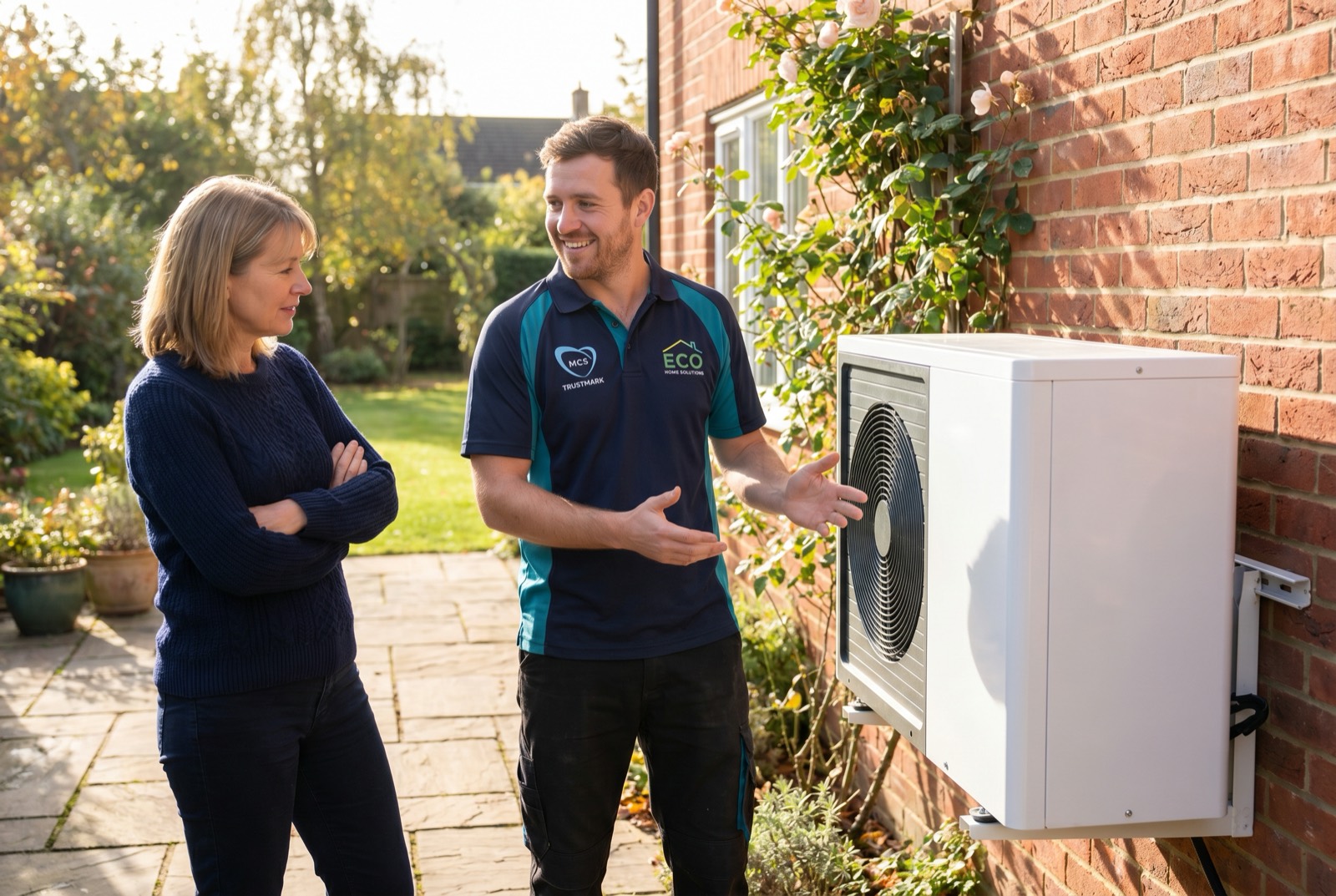 An MCS-certified installer advising a homeowner beside a new air source heat pump