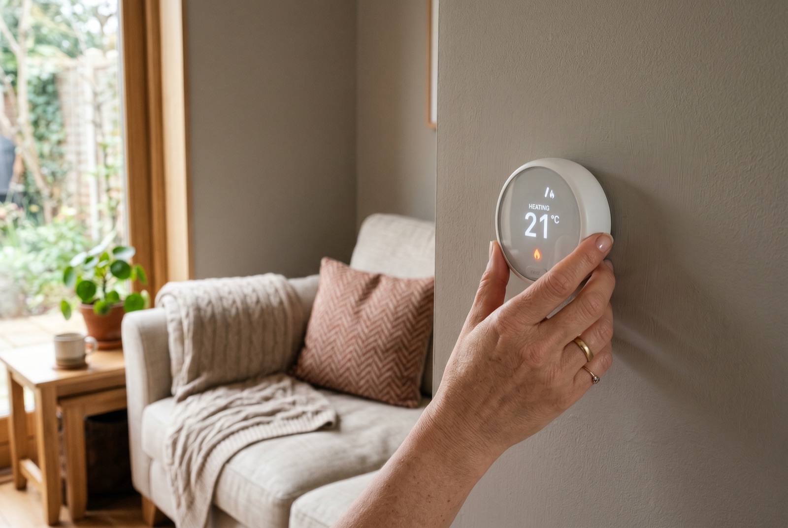 A hand adjusting a modern smart heating thermostat in a cosy living room
