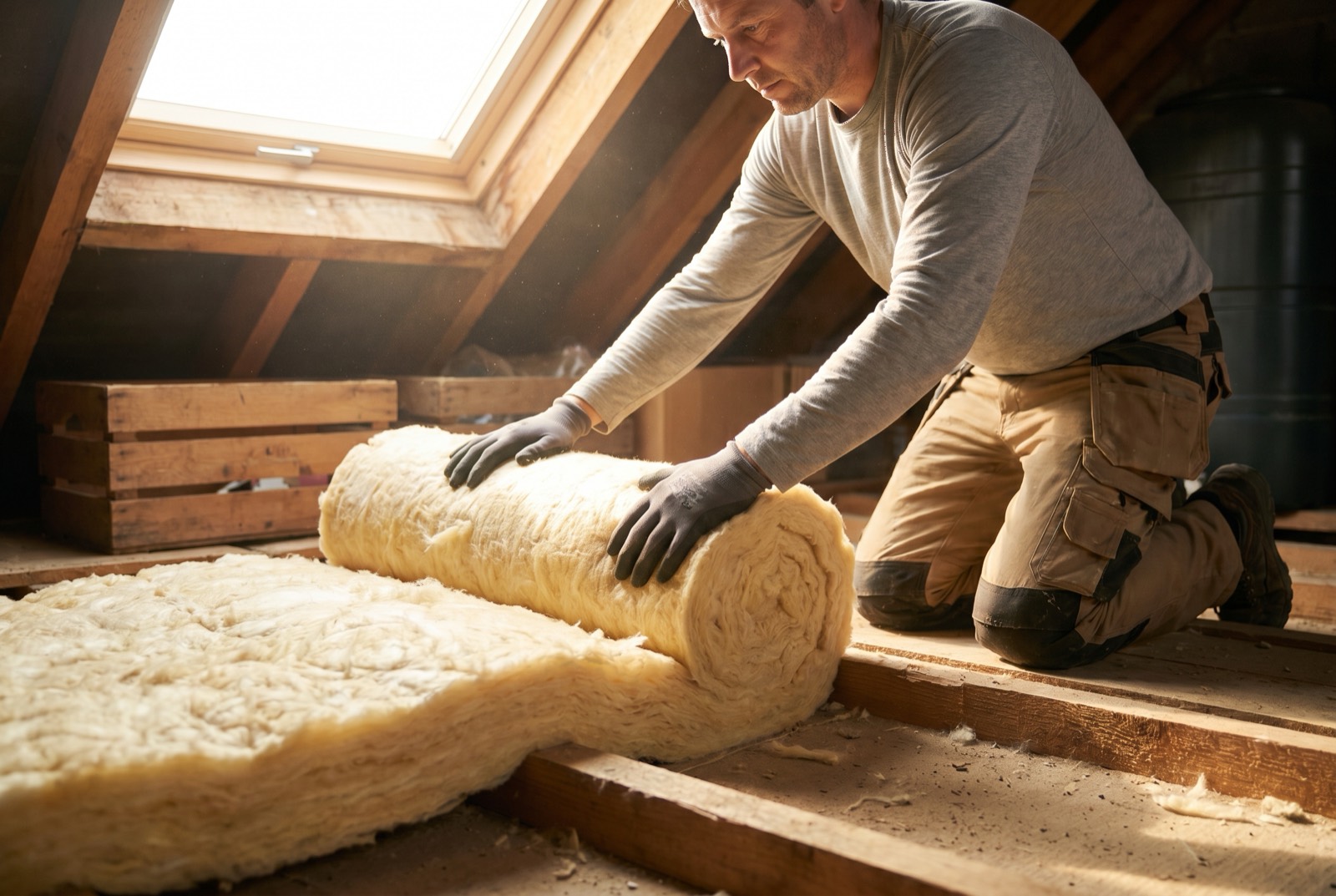 An installer rolling out loft insulation between the joists of a UK attic