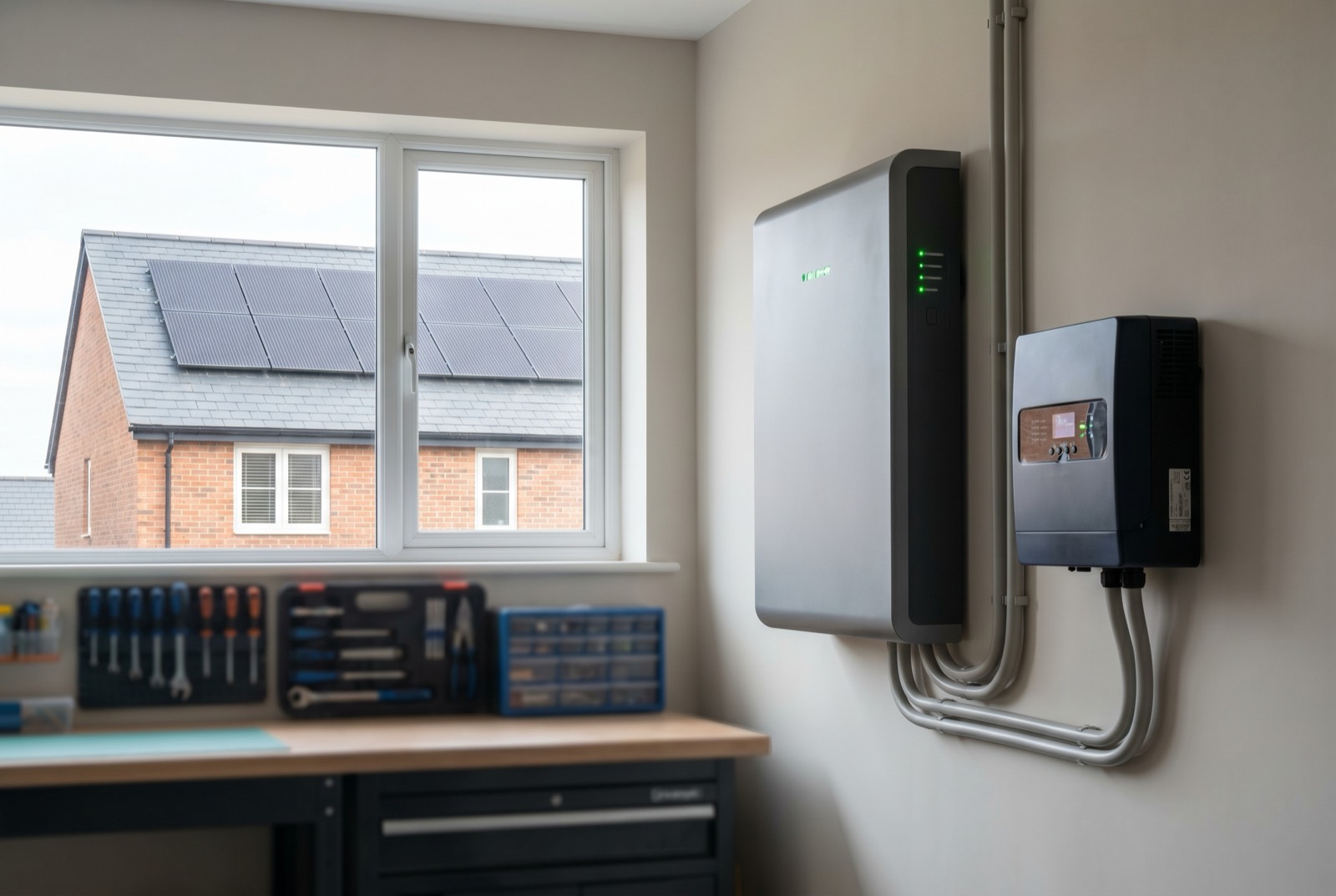 A UK home with rooftop solar panels and a wall-mounted home battery system