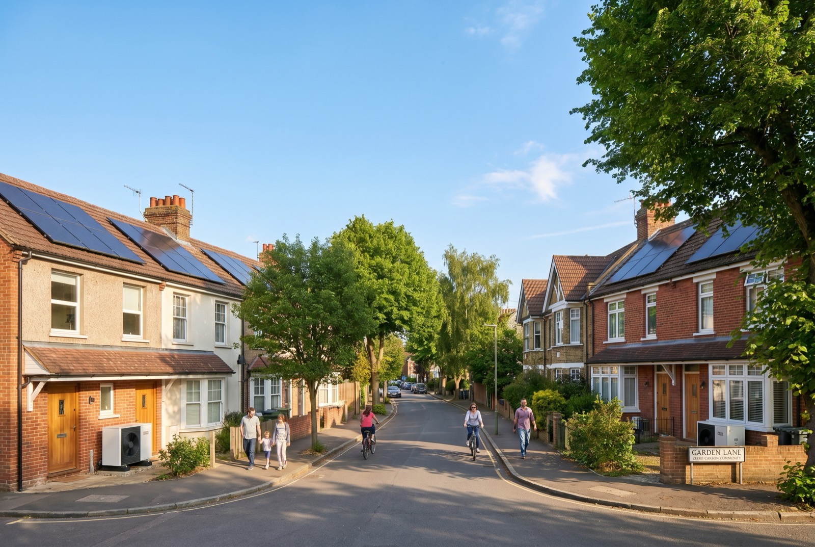 A UK neighbourhood of homes fitted with solar panels and heat pumps under a bright sky