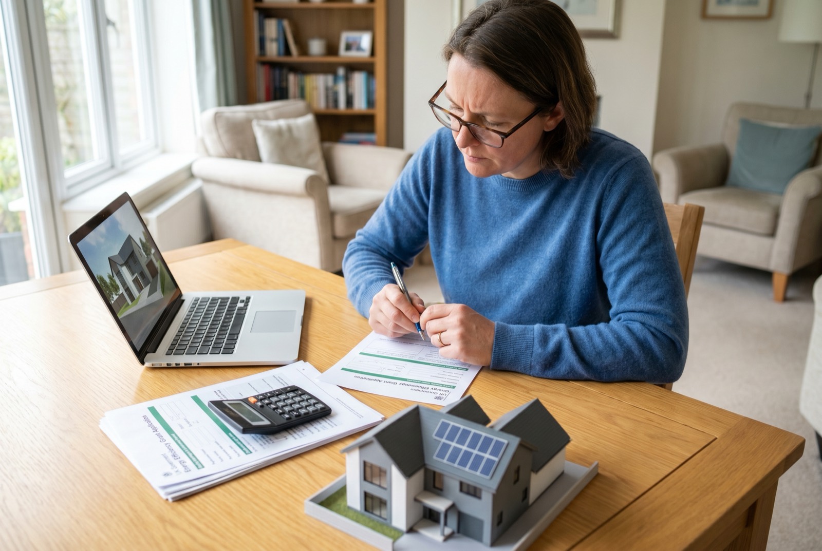 A homeowner completing a UK home-energy grant application with paperwork and a laptop