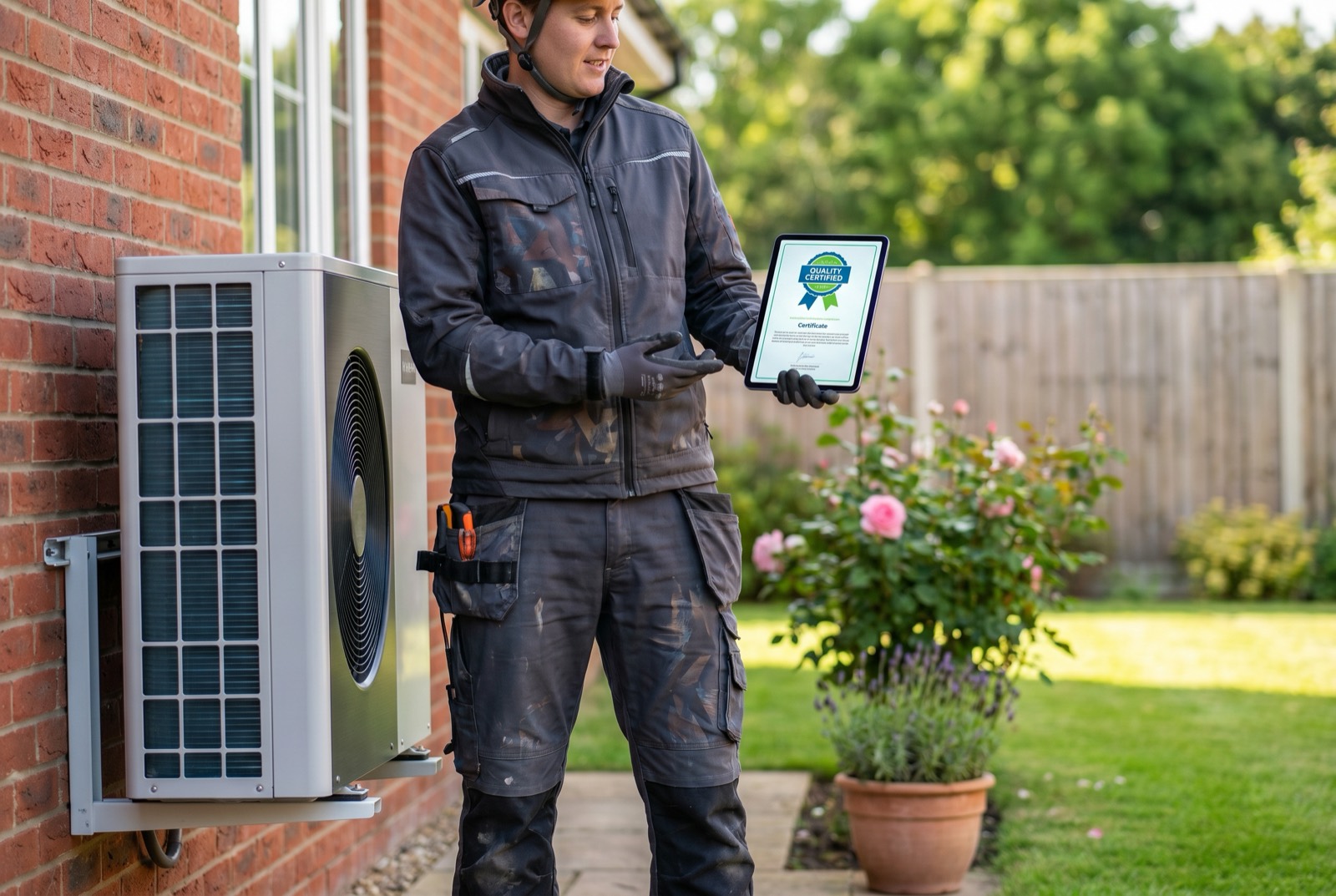 An MCS-certified installer with a certificate beside a newly installed renewable system
