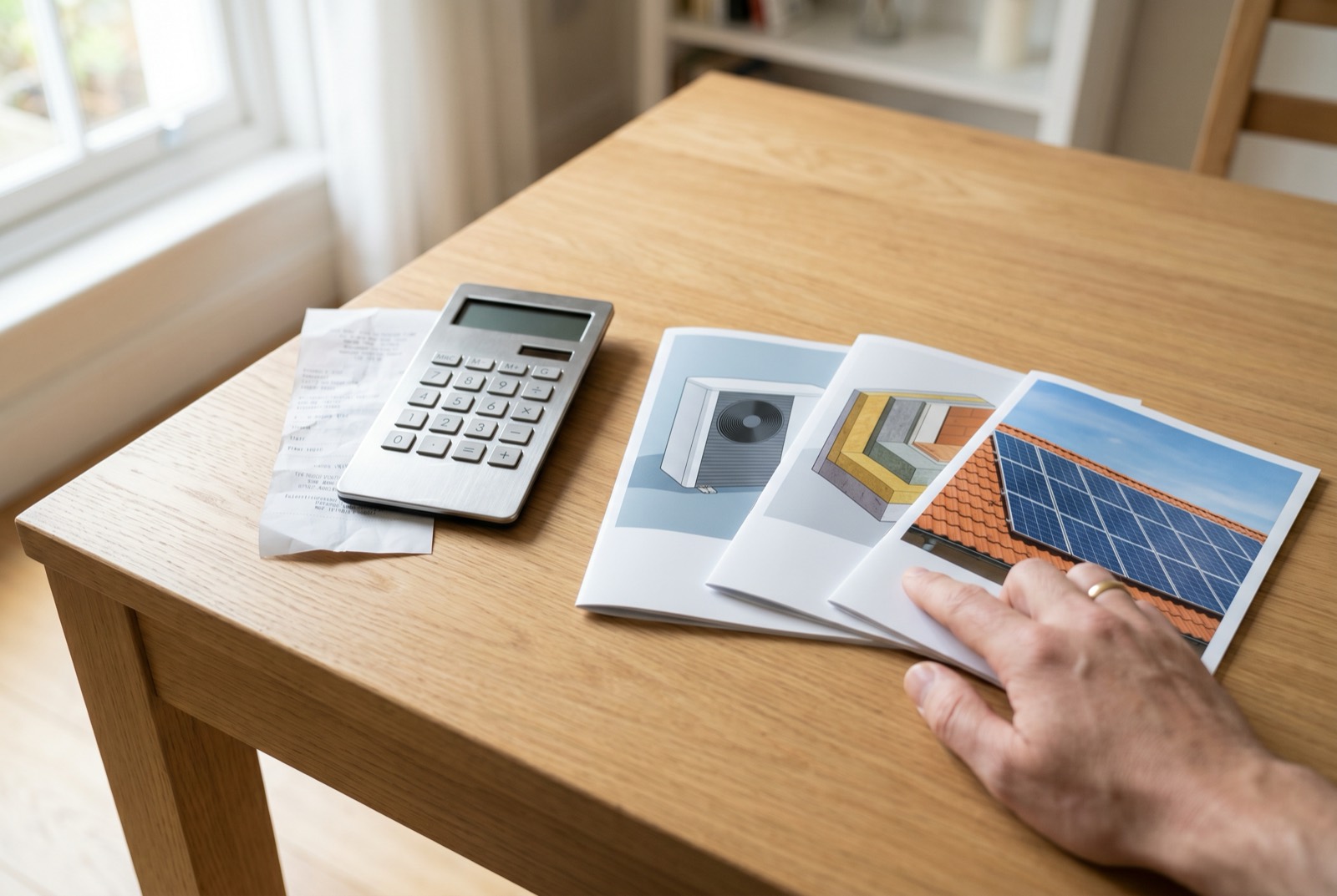 A calculator and home-energy upgrade materials showing zero VAT savings